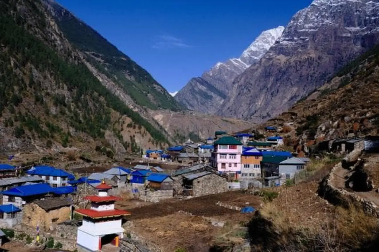 Picturesque mountain village nestled in a lush green valley with snow-capped peaks during Nepal trek tours.